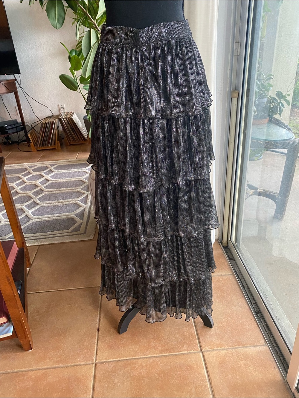 Tiered Metallic Black Maxi Skirt - Women's